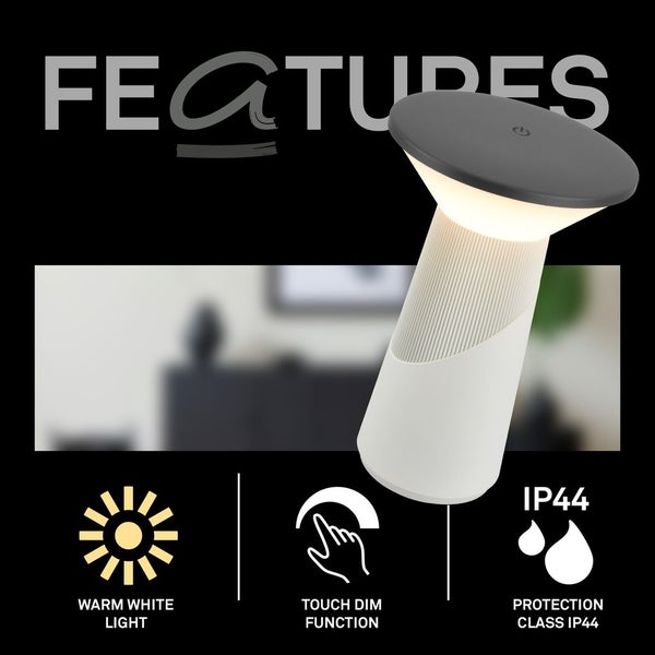 Tragbare Tischleuchte mit warmweißem Licht, Touch-Dimmfunktion und Schutzart IP44.