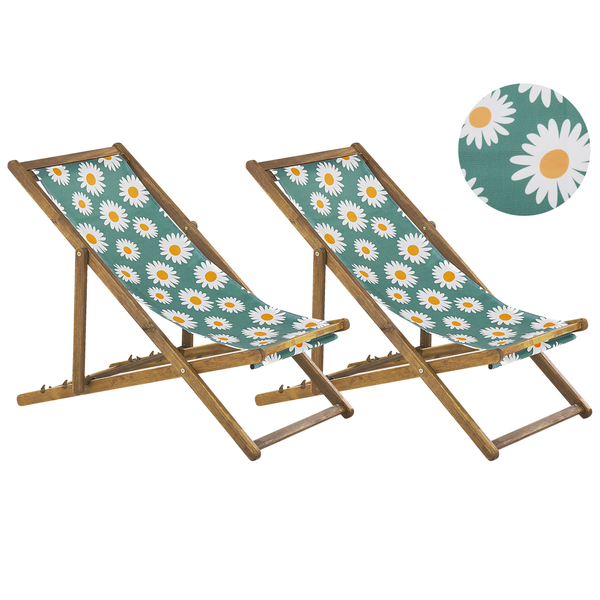 Set mit 2 klappbaren Liegestühlen ANZIO mit Ersatzstoffen Blumenmuster Akazienholz Hellbraun
