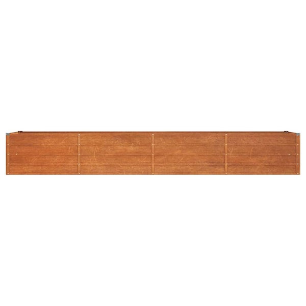 Langes, rechteckiges Hochbeet aus Cortenstahl mit Rostoptik, modularer Pflanzkübel für den Garten.