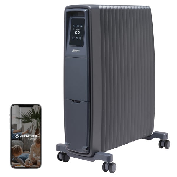 Elektrischer Radiator von Glen Dimplex mit digitaler Anzeige und App Steuerung auf einem Smartphone.
