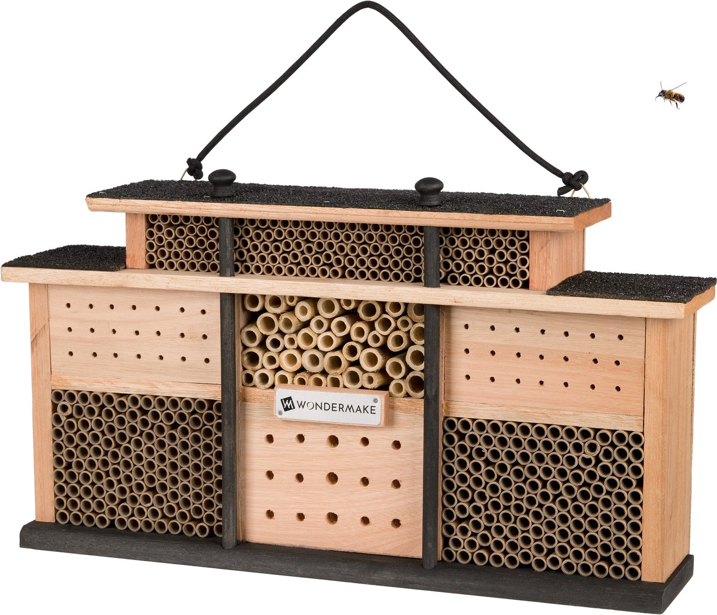 WONDERMAKE - Design Insektenhotel aus Eukalyptus-Holz mit 7 Zimmern und Terrasse, Bienenhotel groß hängend Nisthilfe für Wildbienen, braun schwarz