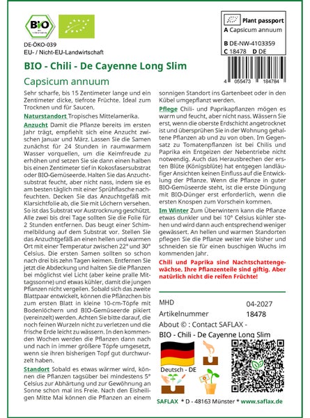 SAFLAX  - BIO - Chili - De Cayenne Long Slim - Capsicum annuum - 10 Samen