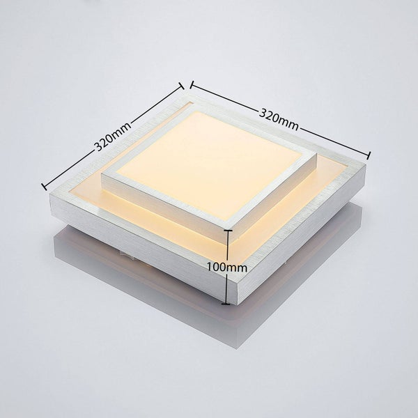 Quadratische LED-Deckenleuchte in Silber, mehrstufiges Design, Abmessungen 320 x 320 x 100 Millimeter.