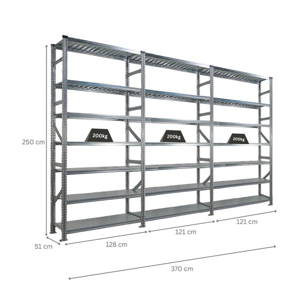 Metallregal mit mehreren Ebenen und den Abmessungen 370 x 250 x 51 cm, Tragfähigkeit 200 kg pro Ebene.
