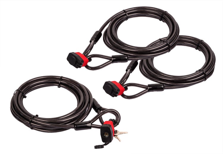 Set aus drei Spiral Kabelschlössern zur Sicherung von Fahrrädern und Gartenmöbeln mit Schlüssel.
