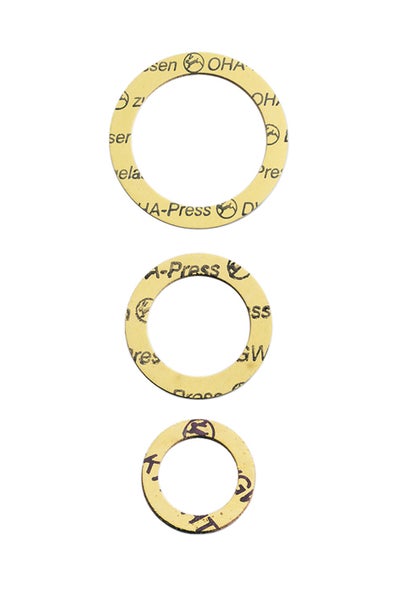 Drei OHA-Press Flachdichtungen aus Fasermaterial in unterschiedlichen Größen für Sanitärinstallationen.