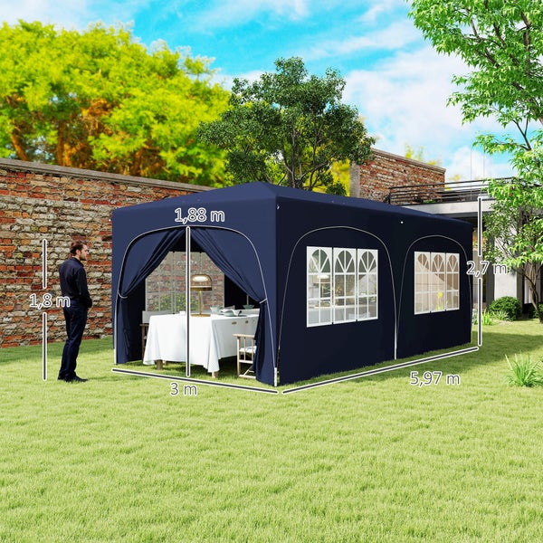 Outsunny Pavillon ca. 3x6m, wasserabweisend Stabil Winterfest Pop-up Faltpavillon, UV Schutz 50+, Faltbar Partyzelt Gartenzelt mit 6 Seitenteilen Tasche Gartenpavillon für Camping Garten, Dunkelblau