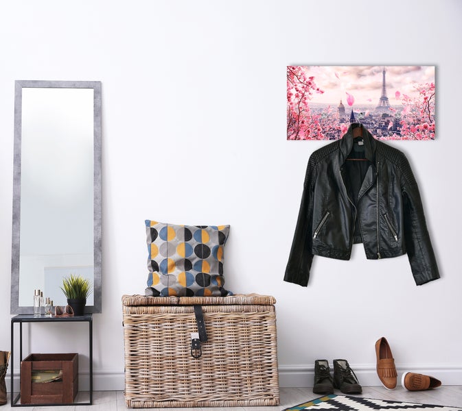 Wandpaneel, Wandgarderobe aus Acrylglas inkl. 3 Edelstahlhaken und Aufhängung Paris, Eifelturm und Kirschblüten WR00028, 60x30cm