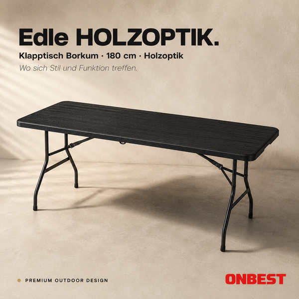 Klapptisch Borkum, 180 Zentimeter, Holzoptik, ONBEST Logo.