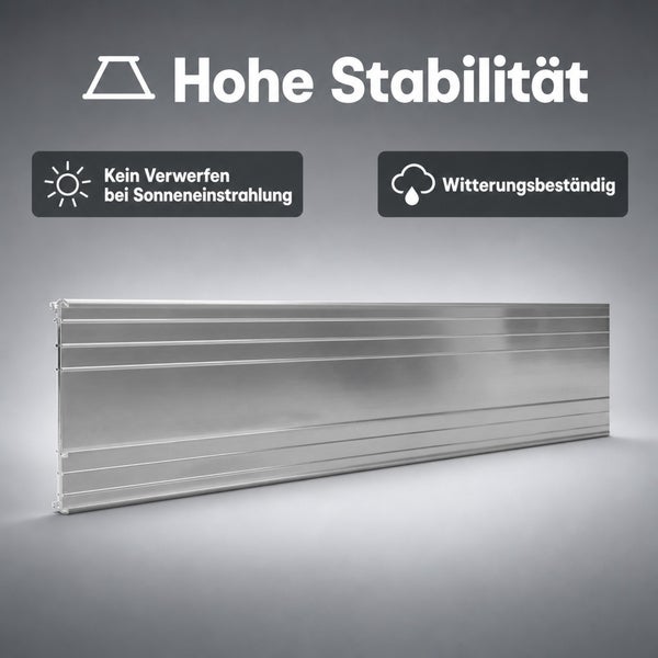 Stabiles Aluminiumprofil mit hoher Formstabilität, witterungsbeständig und resistent gegen Verwerfungen durch direkte Sonneneinstrahlung.