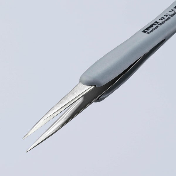 Graue Knipex Präzisions-Pinzette 92 21 14 aus Edelstahl mit Beschichtung gegen elektrostatische Entladung und spitzen Enden.