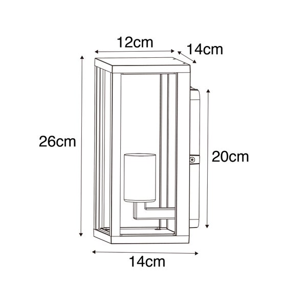 Maßzeichnung einer Außenwandleuchte mit Maßen: Höhe 26 Zentimeter, Breite 14 Zentimeter, Tiefe 14 Zentimeter, Wandhalterung 20 Zentimeter.