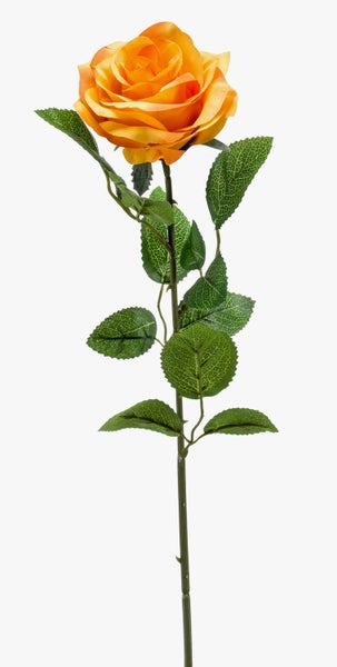 Künstliche Rose mit gelber Blüte, grünem Stiel und grünen Blättern.