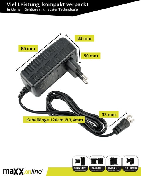 Universalnetzteil 18V, 1600mA mit F-Stecker, Steckernetzteil für Sat/unicable Multischalter Aller Art, Power Inserter, LNB Stromversorgung
