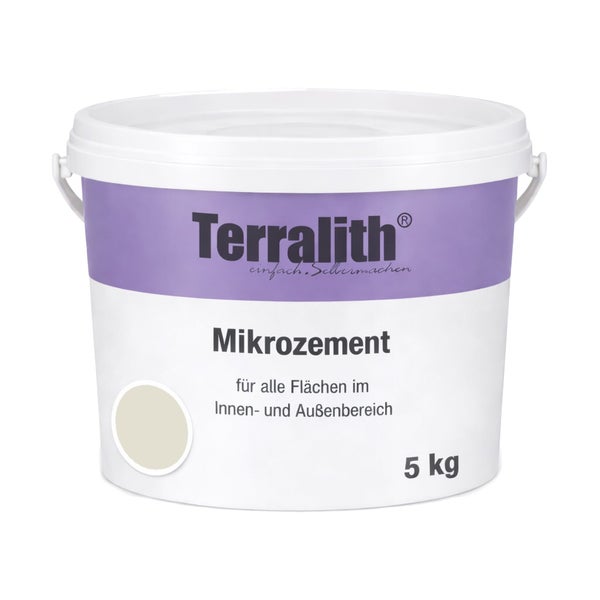 Terralith Mikrozement in Beige, 5 Kilogramm Eimer, für Innen- und Außenflächen.
