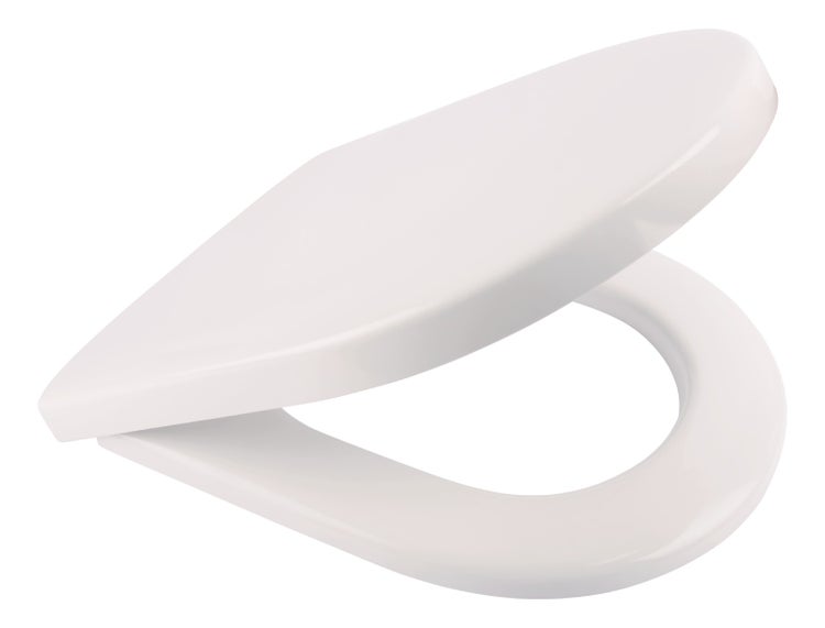 Weißer Toilettensitz mit Deckel in D-Form.