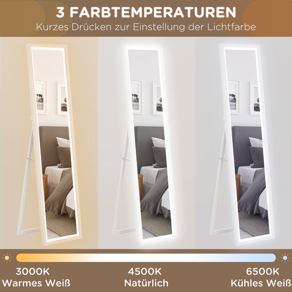HOMCOM Ganzkörperspiegel 40 x 160 cm Standspiegel mit LED Lichte, Wandspiegel mit Touch-Steuerung, Bodenspiegel für Schlafzimmer, Wohnzimmer, Weiß