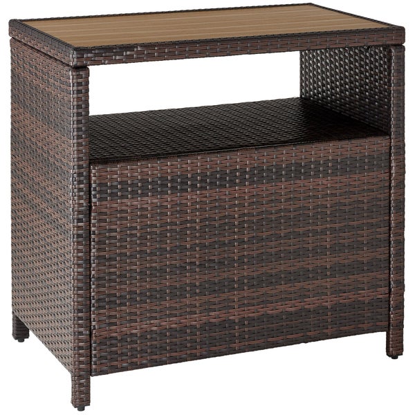 Beistelltisch aus braunem Polyrattan mit Tischplatte in Holzoptik und offenem Ablagefach.