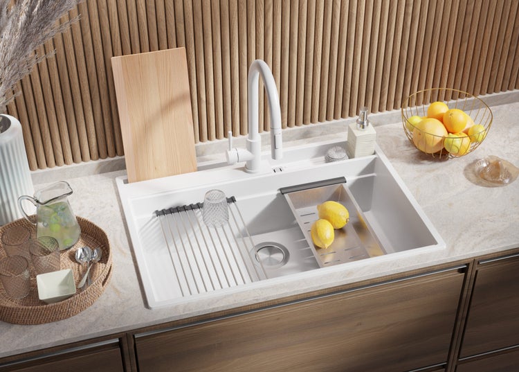 PRIMAGRAN Spülbecken Weiß 78x53cm, Granitspüle 1 Becken + Ablauf-Set + Küchenzubehörset, Küchenspüle ab 80er Unterschrank - Oslo Pocket