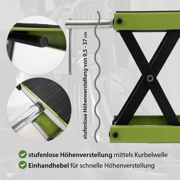 Laborhebebühne mit stufenloser Höhenverstellung von 9,5 bis 37 Zentimeter, bedienbar über eine Kurbelwelle und einen Einhandhebel.