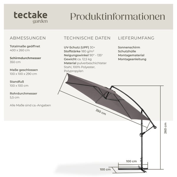 Sonnenschirm tectake Ciccio inklusive Schutzhülle Ø 350 cm grau