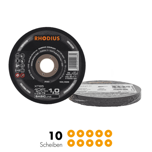 RHODIUS Trennscheibe XT85, 10 Stück, 125 x 1,0 x 22,23 mm für Edelstahl, Stahl, Metall, BASICline