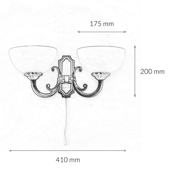 Skizze einer Wandleuchte mit zwei Lampen und Maßangaben