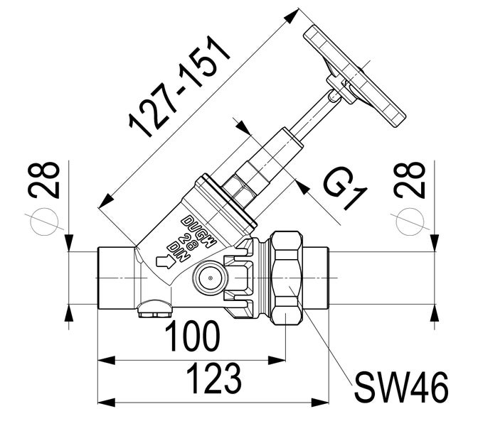 Technische Zeichnung eines Schrägsitzventils mit Maßangaben in Millimeter, Zoll Gewinde G 1 und Schlüsselweite 46.