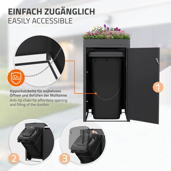 Mülltonnenbox aus Metall für eine Tonne, mit Pflanzdach und Kippschutzkette zum einfachen Befüllen.