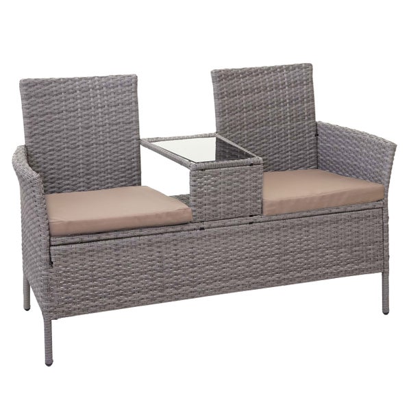 Gartenbank aus Polyrattan mit zwei Sitzplätzen, integriertem Mitteltisch mit Glasplatte und Sitzkissen.