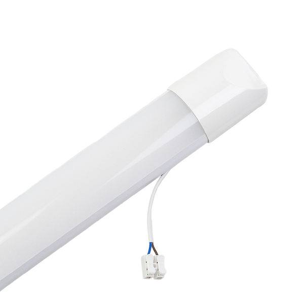 Weiße LED-Wannenleuchte aus Kunststoff mit Anschlusskabel und Lüsterklemme.