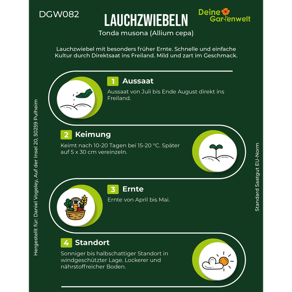 Deine Gartenwelt Infografik für Lauchzwiebeln Tonda musona mit Tipps zu Aussaat, Keimung, Ernte und Standort.