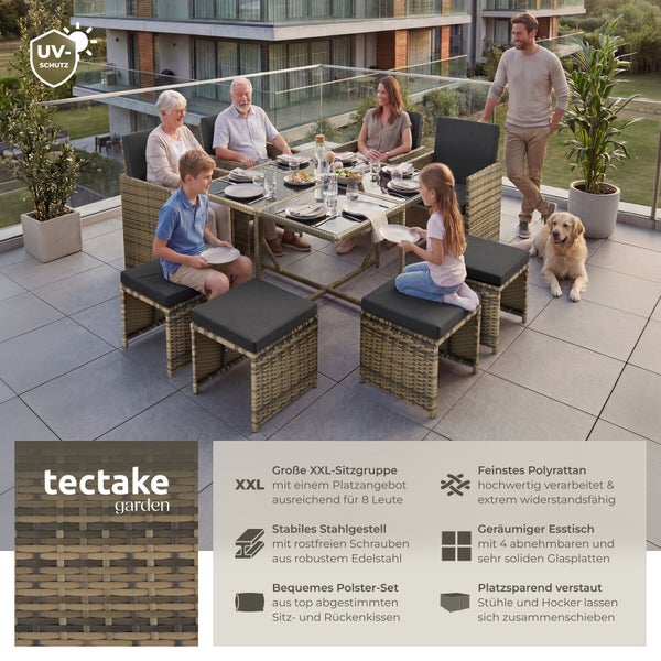 Polyrattan-Sitzgruppe für acht Personen mit Tisch, Stühlen und Hockern auf einer Terrasse. Platzsparend, UV-Schutz vorhanden. Tectake garden Logo.
