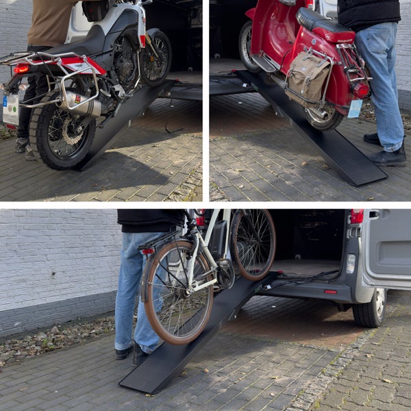 Collage mit Motorrad, Moped und Fahrrad, die mit einer Rampe in einen Transporter geladen werden.