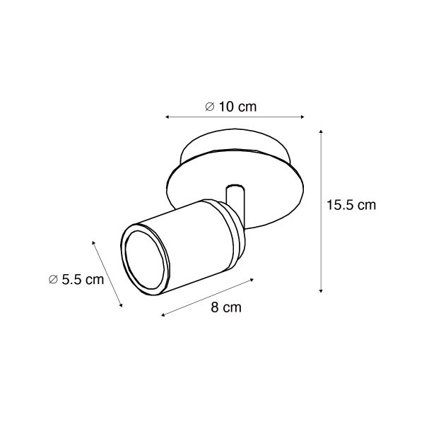 Skizze einer Wandleuchte mit Abmessungen: Durchmesser der Rosette 10 cm, Höhe 15,5 cm, Durchmesser des Leuchtenkopfes 5,5 cm, Länge 8 cm