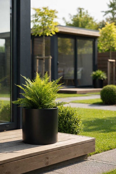 Farn im schwarzen runden Pflanzkübel auf einer Holzterrasse in einem hellen, modern gestalteten Garten mit Gartenhaus.