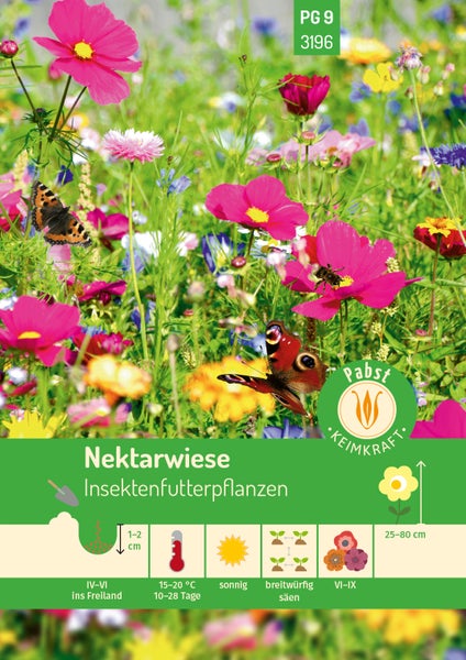 Samentüte Pabst Nektarwiese Insektenfutterpflanzen, Pabst Keimkraft Logo, blühende Wiese mit Schmetterlingen, Saattiefe 1 bis 2 Zentimeter, sonnig.