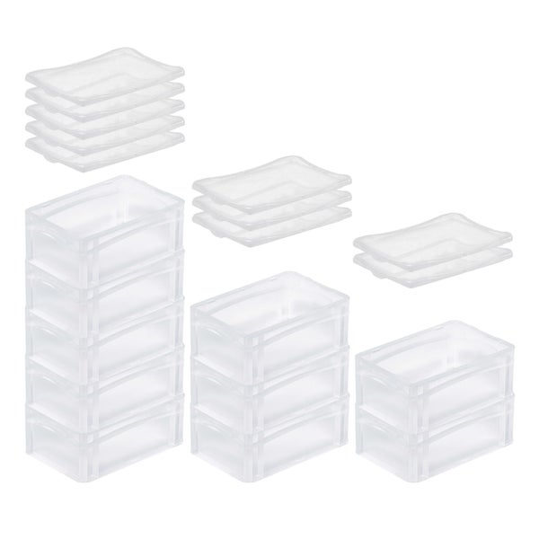 Mehrere transparente Aufbewahrungsboxen mit passenden Deckeln.