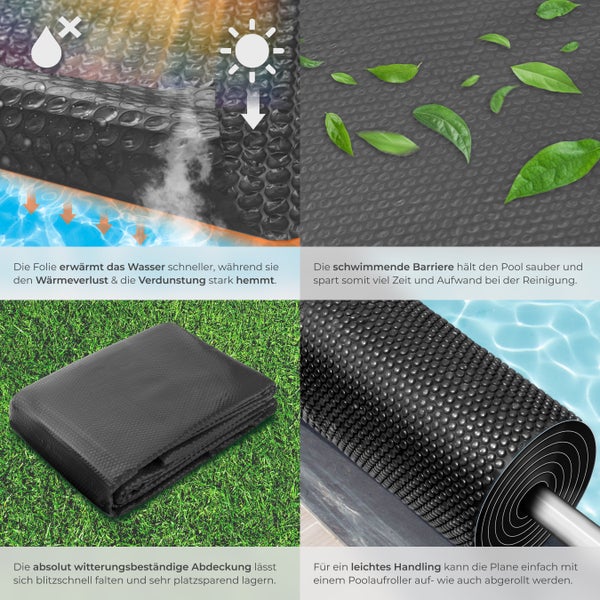 Produktinformationen zur Poolabdeckung, Abmessungen 500 x 800 cm, Gewicht circa 7,5 kg, Material Polyethylen, Tectake Garden Logo