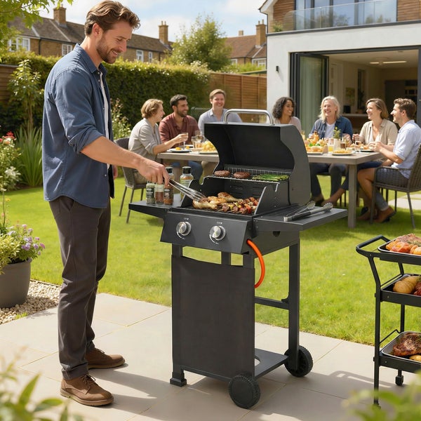 Mann grillt auf einem schwarzen Gasgrill im Garten, während Gäste im Hintergrund an einem Esstisch auf der Terrasse sitzen.
