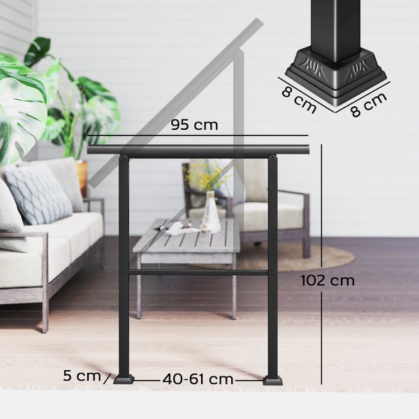 Metall-Treppengeländer: 95 Zentimeter Länge, 102 Zentimeter Höhe, Pfosten 5 Zentimeter, Abstand 40 bis 61 Zentimeter, Fuß 8 mal 8 Zentimeter.
