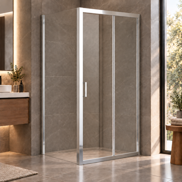 Moderne Eckduschkabine mit Schiebetür aus Glas in einem Badezimmer mit Steinfliesen und Waschbeckenunterschrank