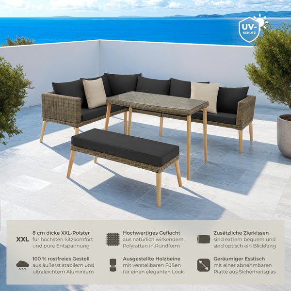 Rattan Lounge tectake Pula mit Sicherheitsglasplatte mit Aluminiumgestell natur