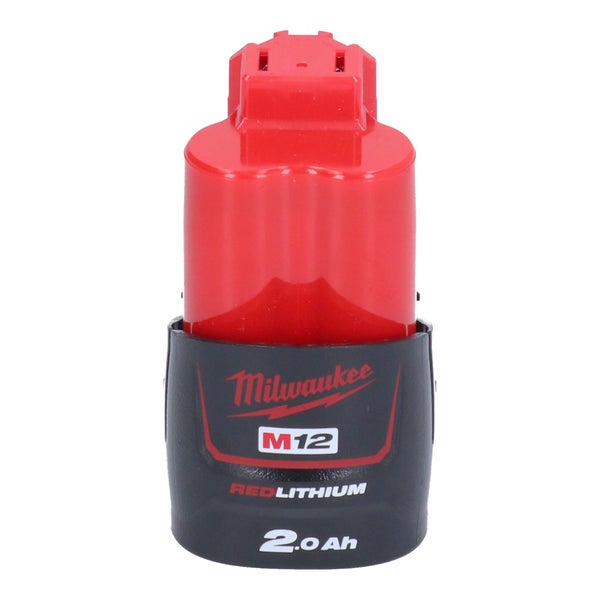 Milwaukee M12 REDLITHIUM Akku, 2,0 Amperestunden, rot und schwarz.