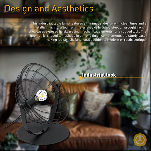 Industrielle Tischleuchte mit Lampenschirm aus Metallgitter auf einem Tisch