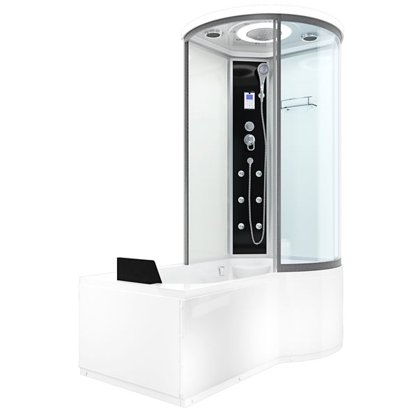 Dampfdusche mit integrierter Badewanne, schwarzem Paneel, Massagedüsen, Handbrause und Kopfstütze.