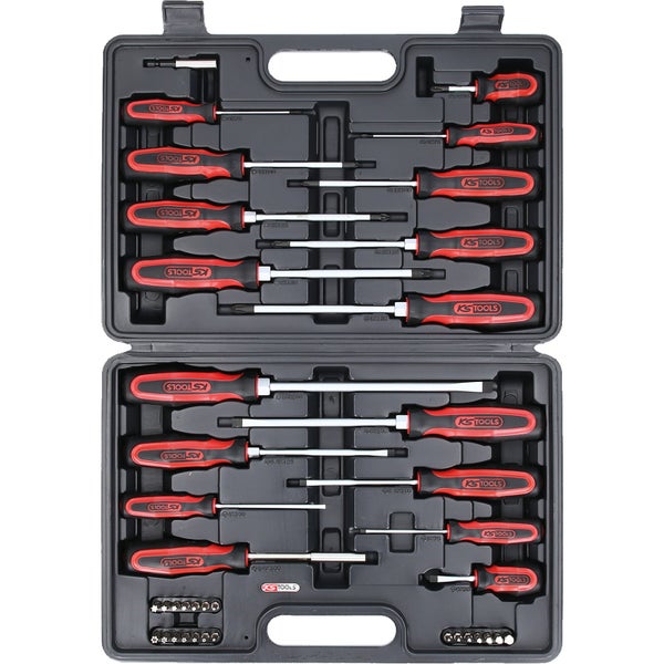 KS Tools Schraubendrehersatz mit verschiedenen Schraubendrehern und Bits in einem schwarzen Koffer