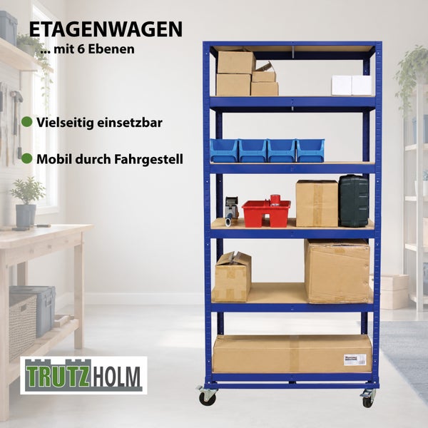 TrutzHolm Etagenwagen mit 6 Ebenen für Werkstatt oder Lager, robuster Metallrahmen auf Rollen für hohe Mobilität und vielseitige Aufbewahrung.