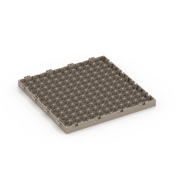 Quadratische Rasengitterplatte aus Kunststoff in Beige mit Klicksystem zur Bodenbefestigung.