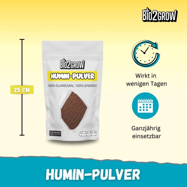 Bio2Grow Humin-Pulver Packung mit Größenangabe 25 Zentimeter